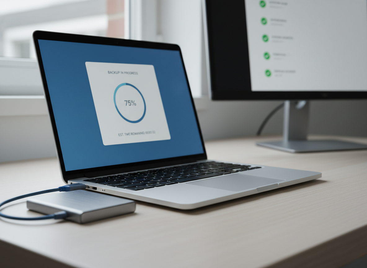A detailed close-up of an open laptop on a clean, light ash desk, its aluminum chassis catching soft, cool daylight from a nearby window. The screen shows a clear, modern backup progress interface in Scandinavian blue and white, while beside it lies an external SSD with a brushed metal surface connected via a braided USB-C cable. In the background, softly blurred, a second monitor displays a simple security status dashboard with green check marks. The atmosphere is calm and reassuring, with subtle shadows adding depth. Photographic realism, shot at a low, three-quarter angle with shallow depth of field, emphasizing the hardware and on-screen clarity, ideal for illustrating fast, professional data recovery and backup services.