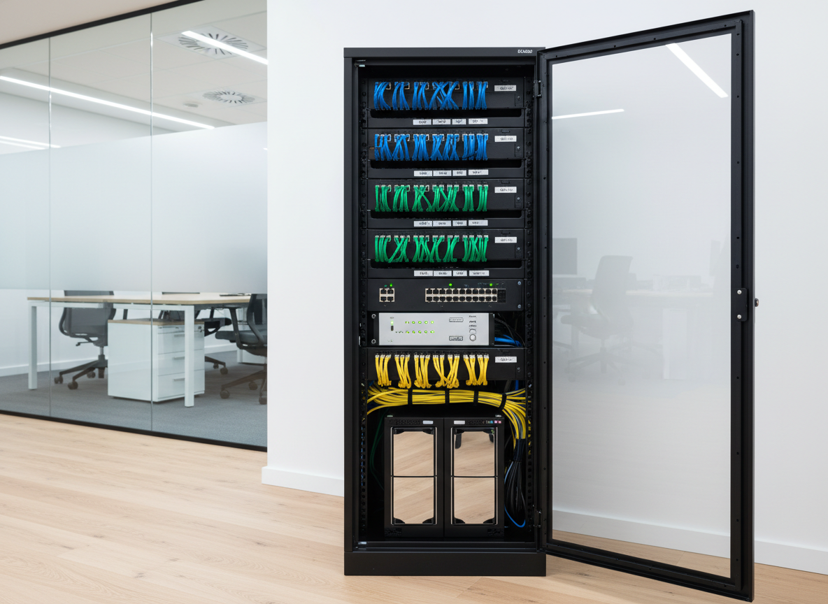 An immaculate small-business IT corner featuring a compact 12U rack cabinet with neatly arranged patch panels, labeled cables in coordinated colors, a firewall appliance, and a NAS unit with mirrored drive bays. The rack stands against a white wall in a bright, modern office with pale wooden flooring and a blurred glass meeting room in the background. Cool, even LED ceiling lights create consistent illumination, emphasizing clarity and structure, with soft reflections on the metal surfaces. Photographic realism, wide-angle but undistorted view at eye level, sharp focus throughout to showcase professional organization and reliable infrastructure, conveying confidence and efficiency in IT-support and dataservice for small companies.