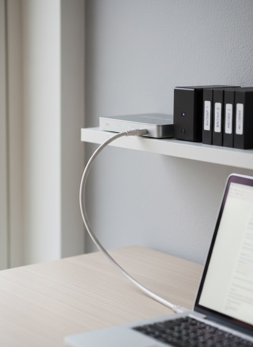 A close-up of a small, organized home office network hub on a white floating shelf: a slim silver router, compact NAS box, and tidy row of labeled external drives, all with soft blue indicator lights. A high-quality Ethernet cable snakes in a gentle curve, its braided texture clearly visible, leading toward a partially blurred laptop on a nearby desk. The wall behind is a cool, light gray with a subtle texture, conveying Scandinavian minimalism. Soft overcast daylight enters from an unseen window, producing delicate shadows and a calm, reliable mood. Photographic realism, shot from a slightly elevated angle with shallow depth of field, highlighting order, security, and modern home IT-support for private users.